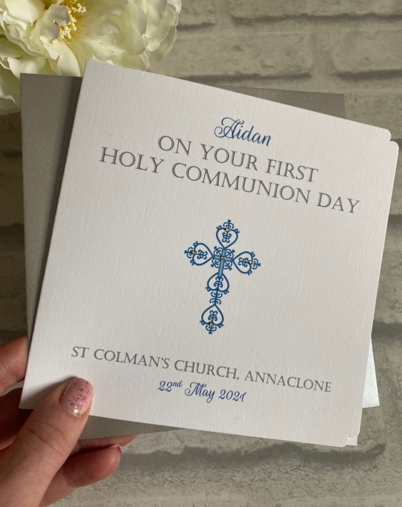 Holy Communion / Confirmation Congratulations Card Personalised Boys Ornate cross