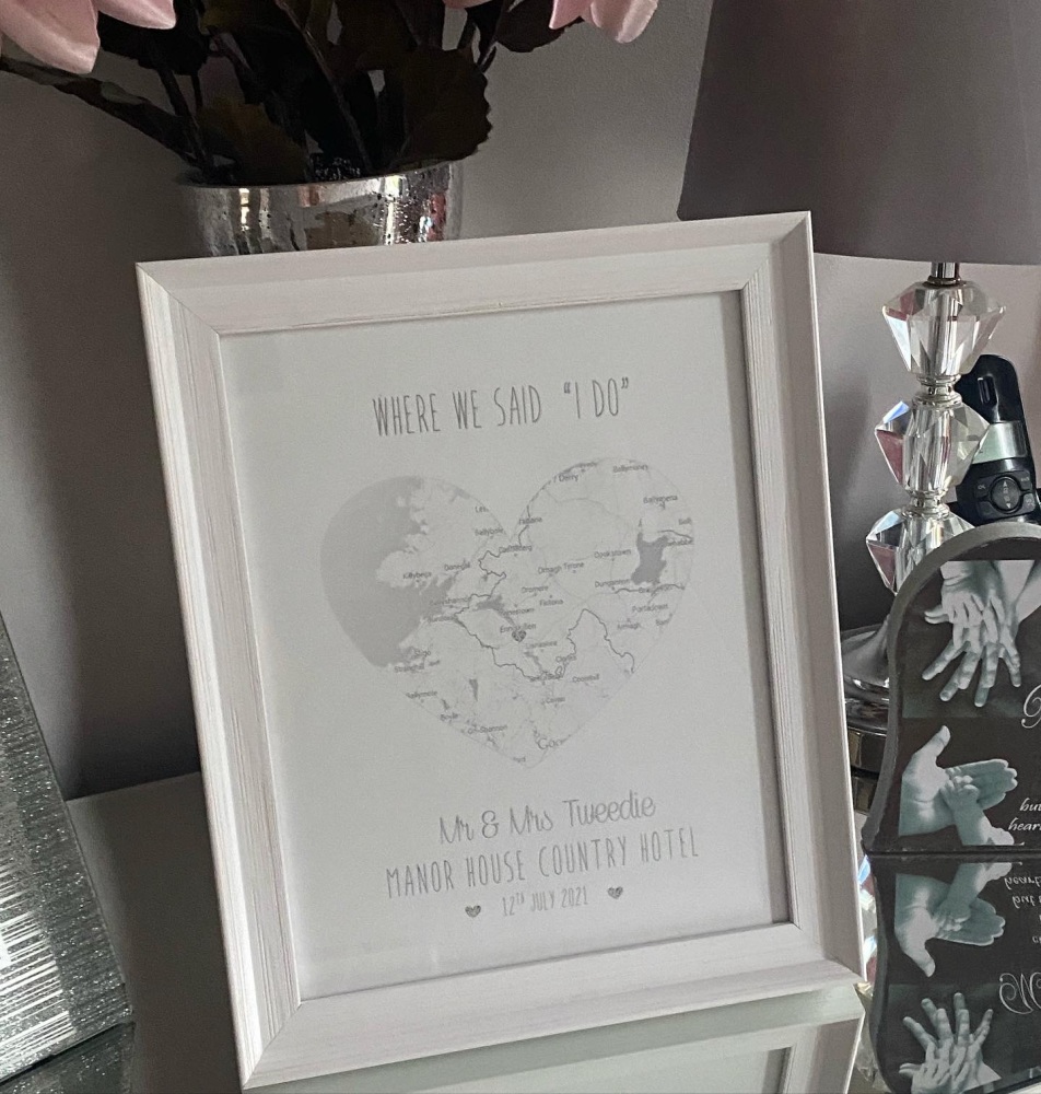 Silver Foil Map with heart   - Engagement, Wedding, Anniversary - Framed