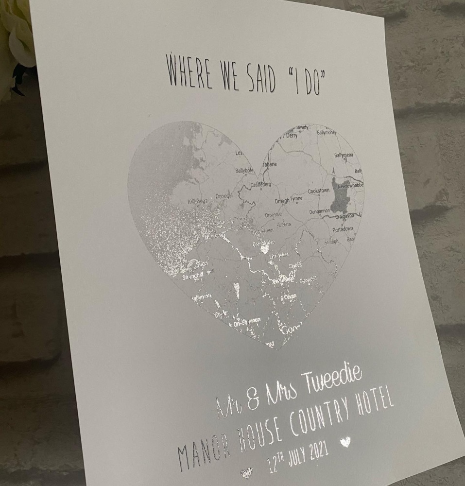 Silver Foil Map with heart Print only  - Engagement, Wedding, Anniversary 