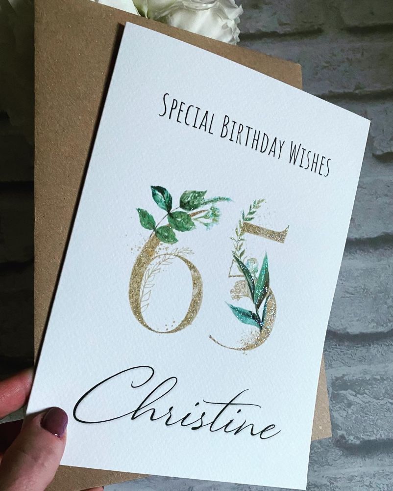 Birthday card for her - with age, eucalyptus and gold