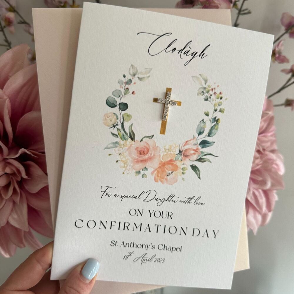Chic Boutique Range Luxury Girls Holy Communion / Confirmation Card floral wreath, diamant&eacute; cross