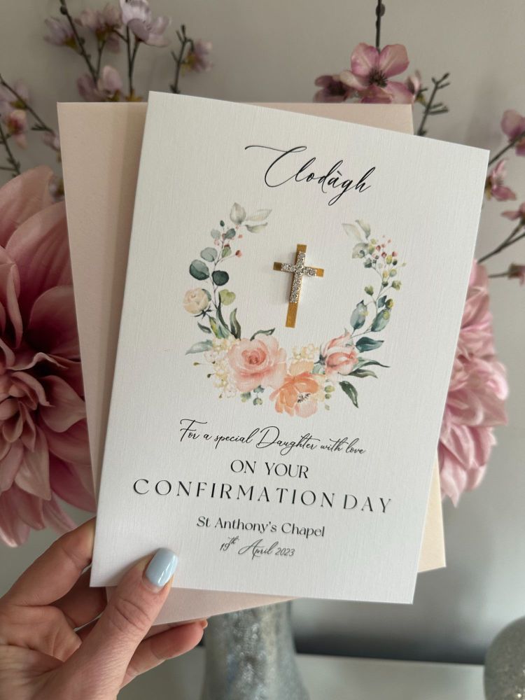 Chic Boutique Range Luxury Girls Holy Communion / Confirmation Card floral wreath, diamanté cross