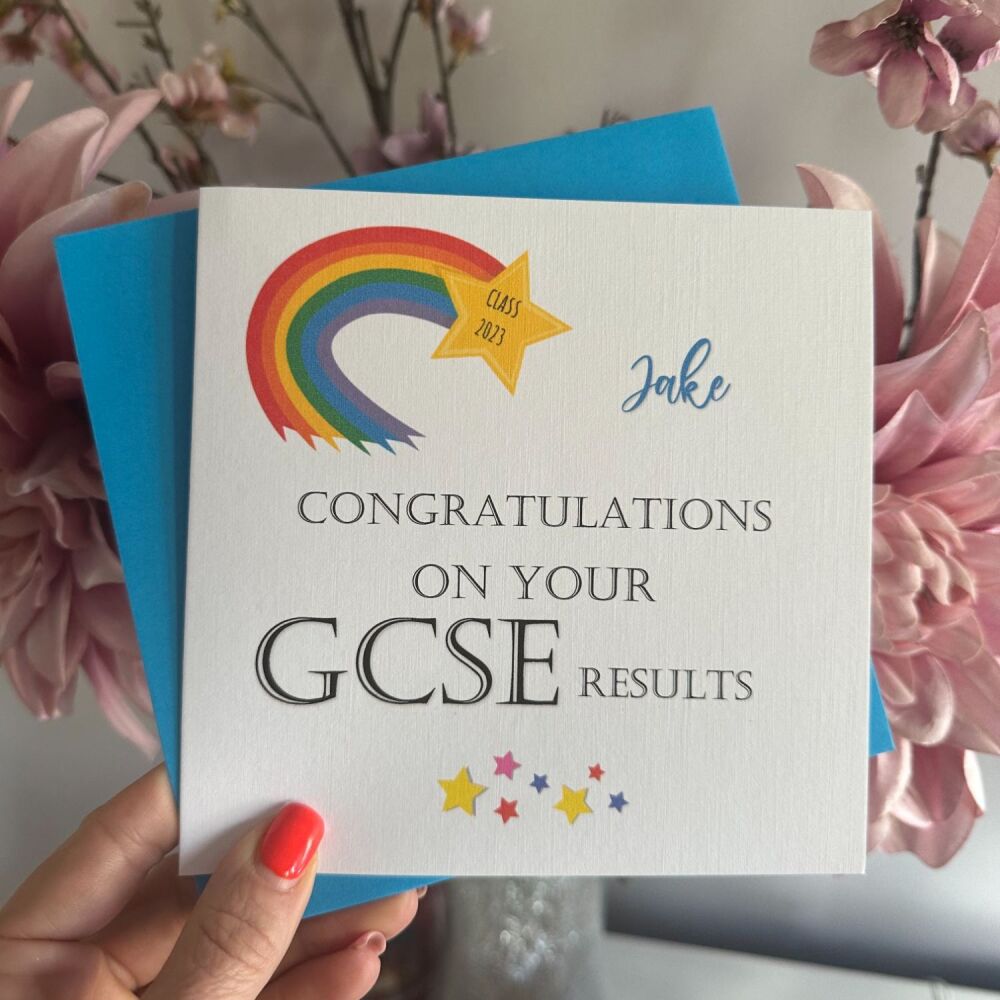 Exam congratulations card - Rainbow - blue envelope