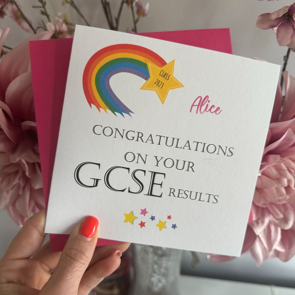 Exam congratulations card - Rainbow - fushia envelope