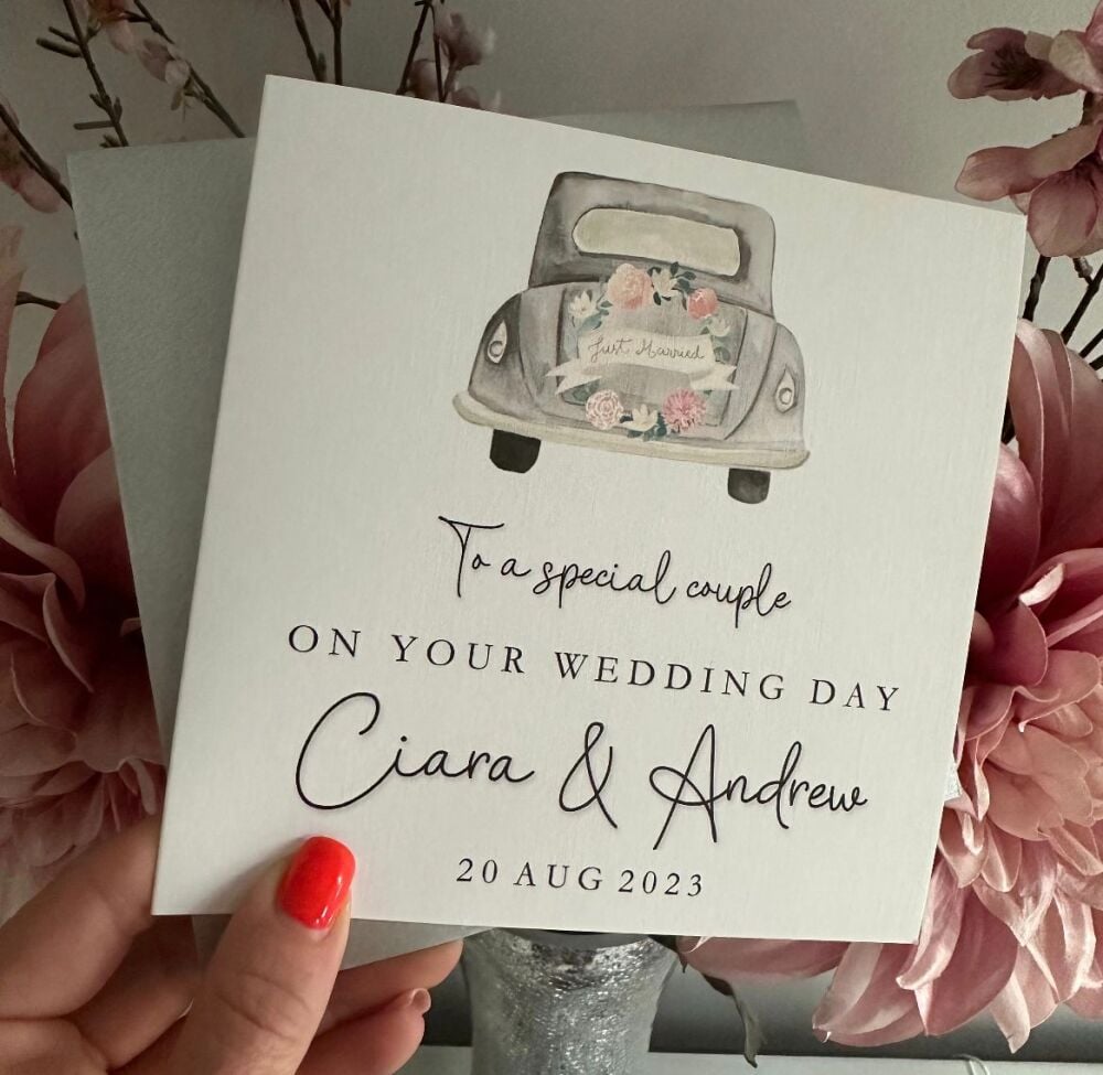 On your Wedding Day Congratulations card - Vintage car