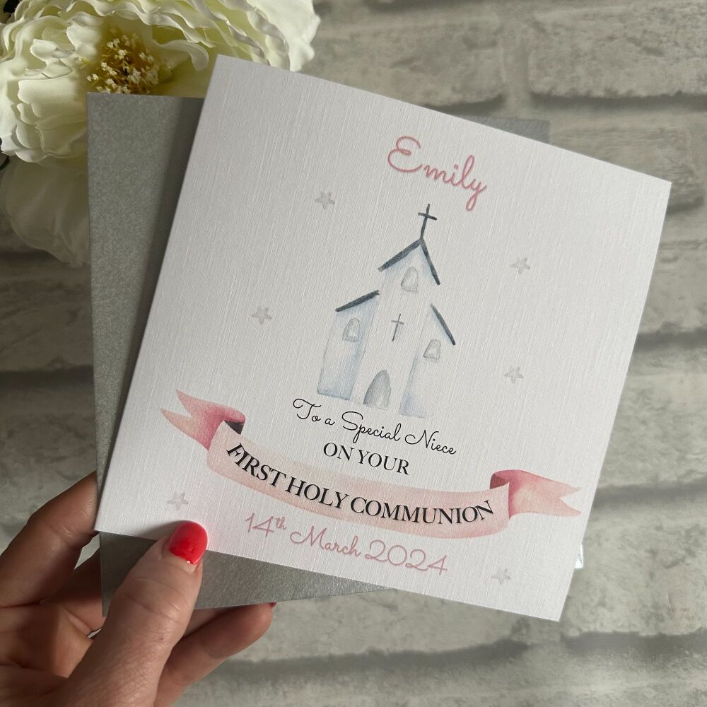 Personalised Girls Holy Communion / Confirmation Congratulations Card - Church design