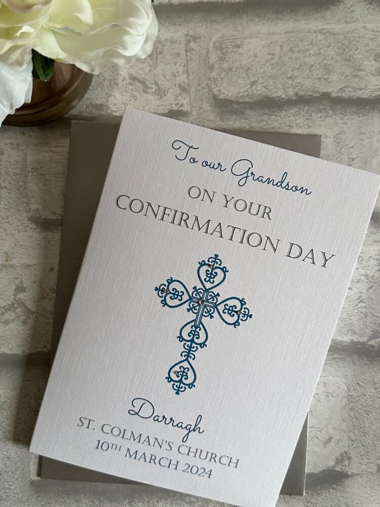 Boys Confirmation Congratulations Card Personalised with Ornate cross