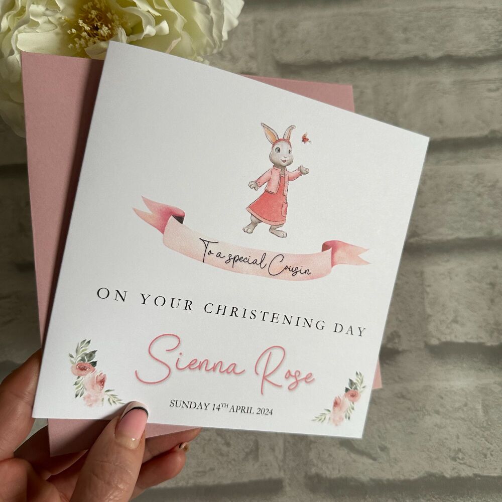 Christening Day Card - Flopsy Rabbit with ribbon banner