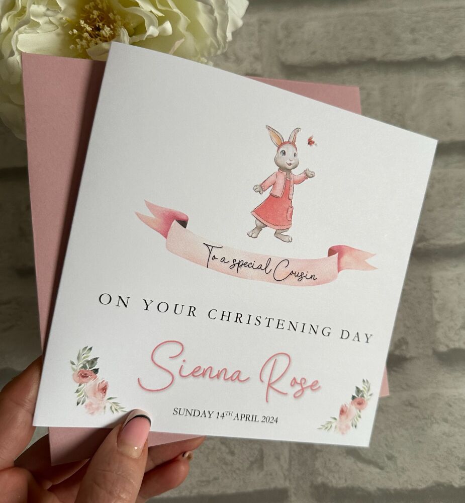 Christening Day Card - Flopsy Rabbit with ribbon banner