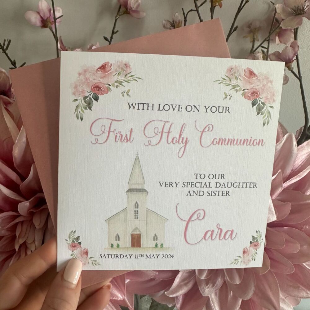 Personalised Girls Holy Communion / Confirmation Congratulations Card - floral, church design