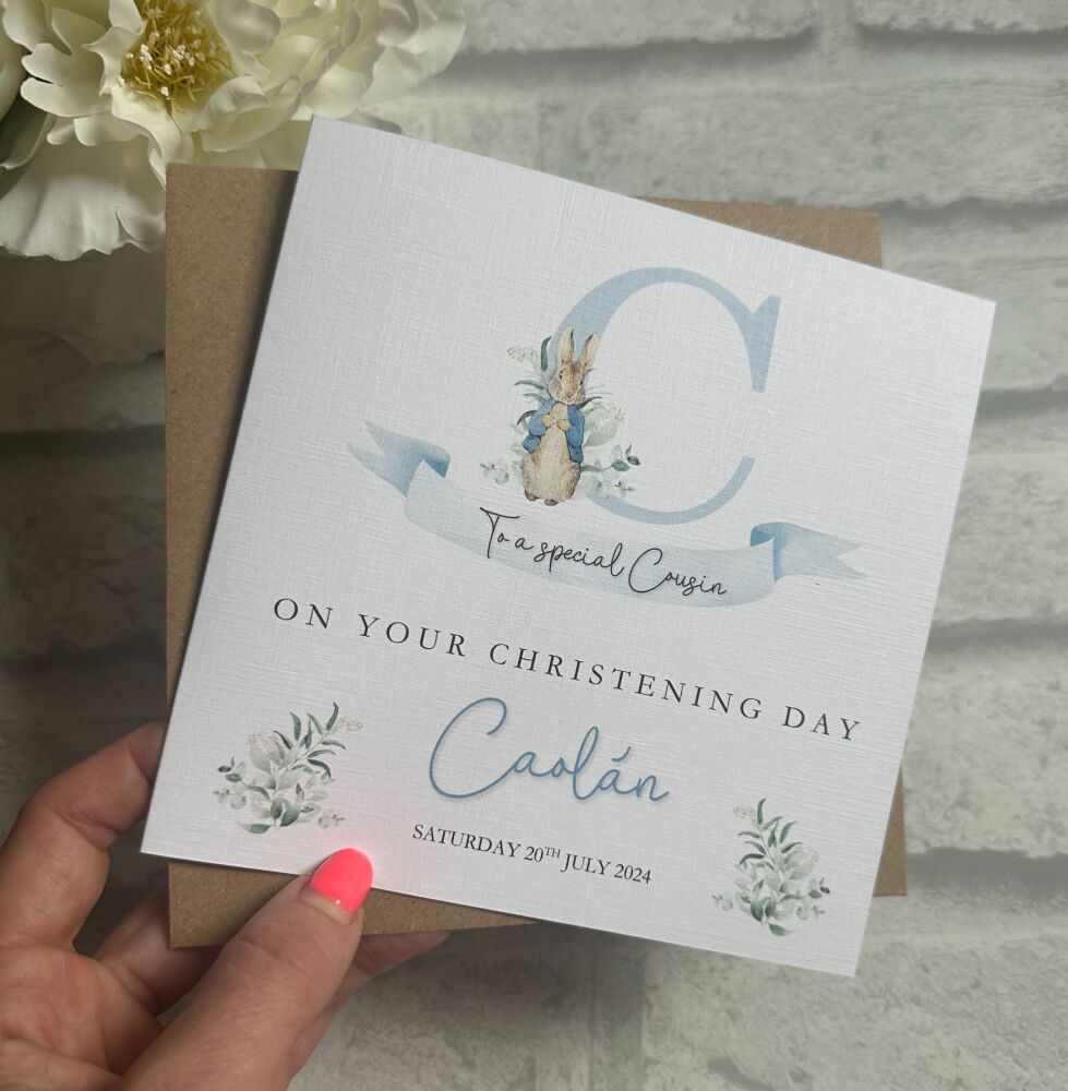 Christening Day Card - Peter Rabbit with ribbon banner