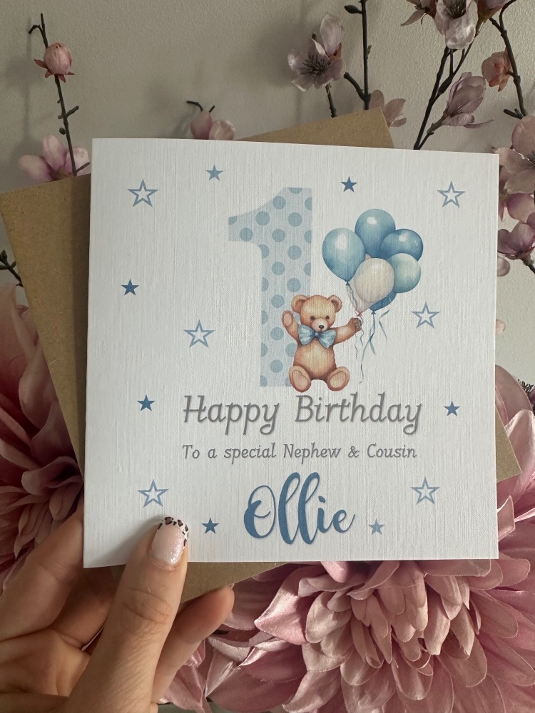 1st Birthday card - Teddy - personalised