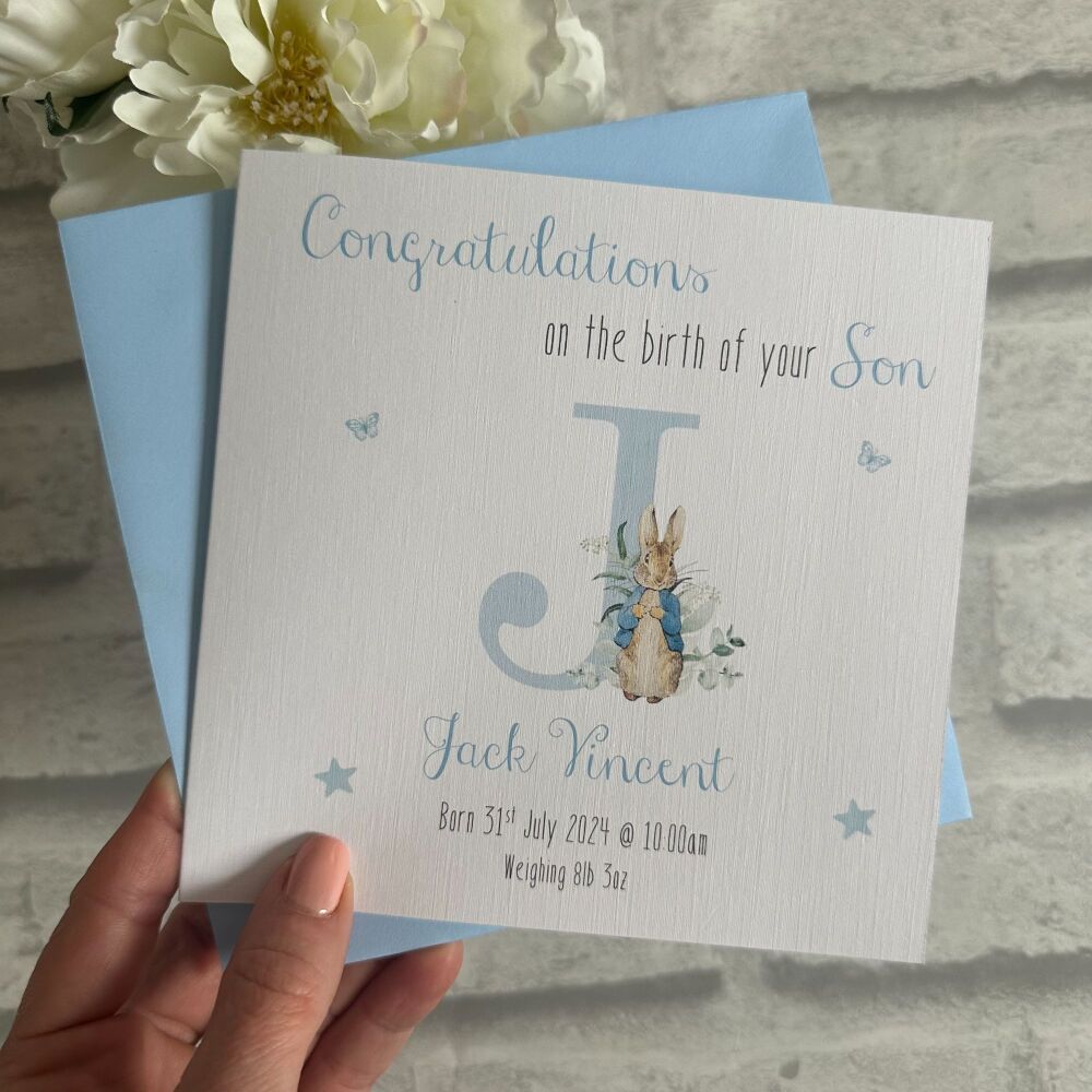 New Baby Boy Congratulations Card with Birth Details - Peter Rabbit