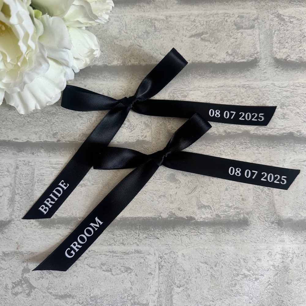 Personalised Satin Ribbon Bows with Names | Wedding Place Setting | Foil print