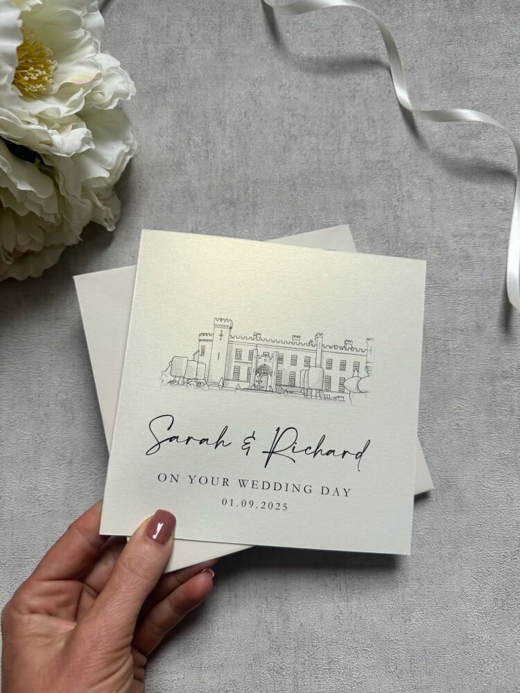 Wedding Day Congratulations Card - Hand Drawn Venue - Bellingham Castle