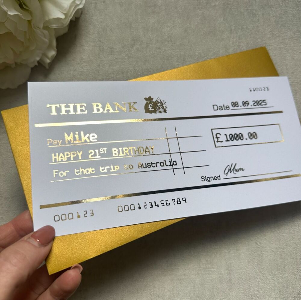 Novelty Cheque for Money Gift - gold foil