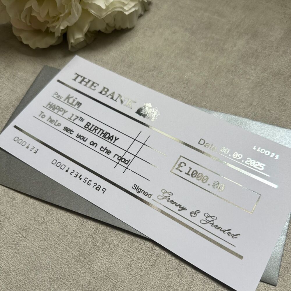 Novelty Cheque for Money Gift - silver foil
