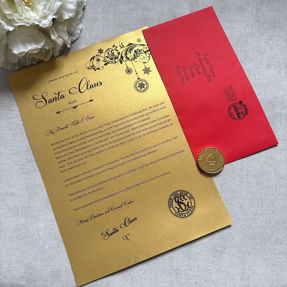 Gold Letter from Santa - Going on holiday for Christmas