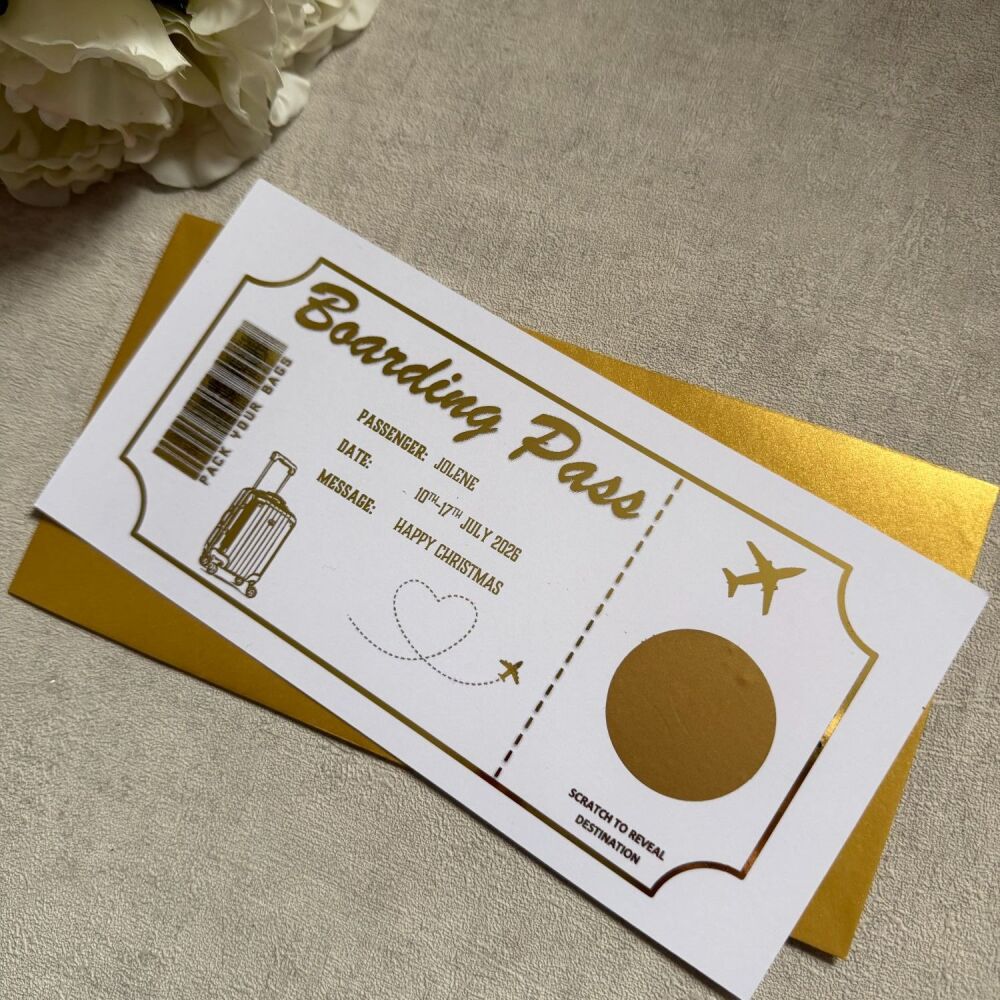 Any Destination Boarding Pass Ticket in Gold Foil with scratch to reveal
