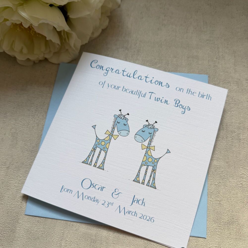 New Baby Congratulations Card with Birth Details - Twins