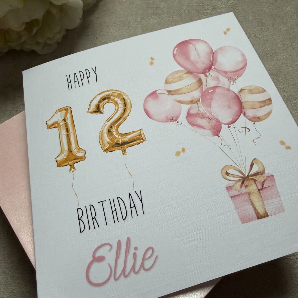 12th Birthday Card with Gold Balloons