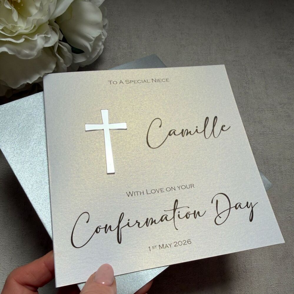 Chic Boutique Range Luxury Confirmation Card with mirror cross - silver