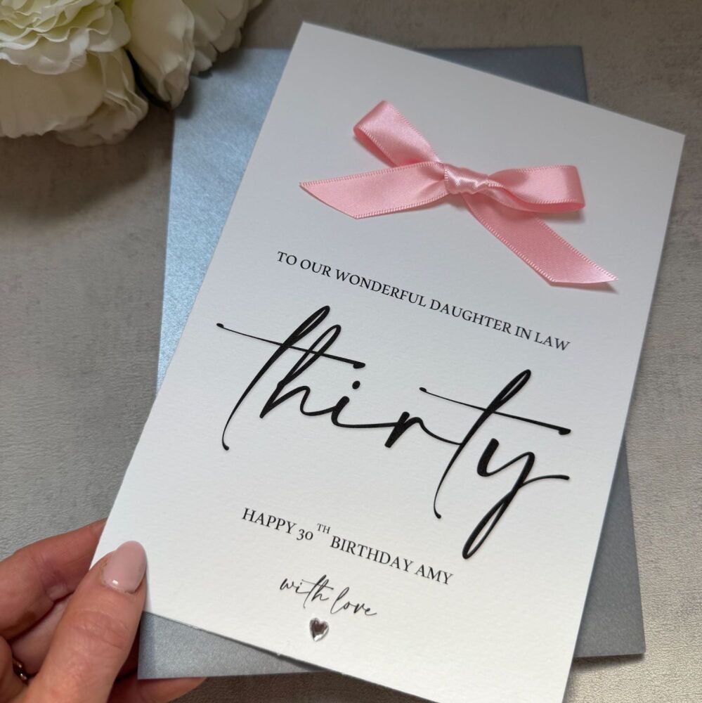 Birthday Card - milestone age with pink satin bow, 18th, 21st, 30th, 40th, 