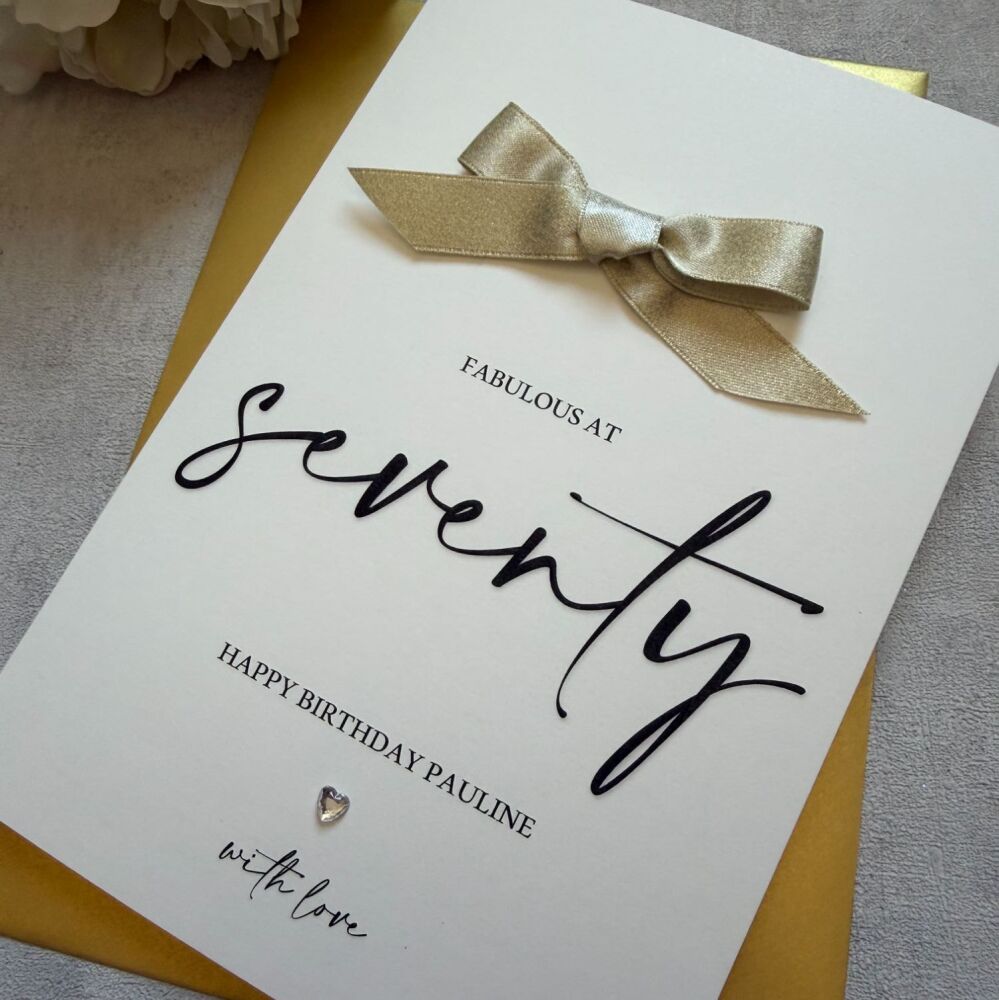Birthday Card - milestone age - with Gold Bow, 21st, 30th, 40th, 50th, 60th, 70th