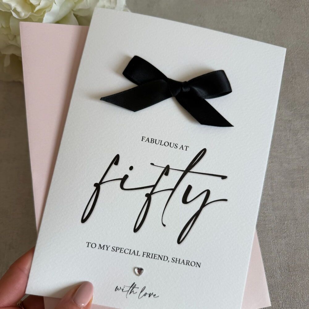 Birthday Card - milestone age with (any colour) satin bow, 18th, 21st, 30th, 40th, 50th, 60th