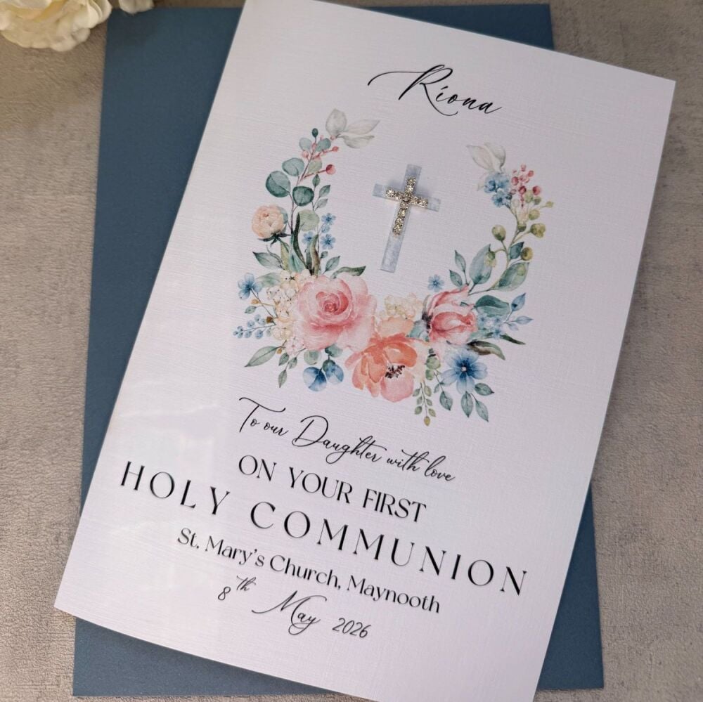 Chic Boutique Range Luxury Girls Holy Communion / Confirmation Card floral wreath, diamant&eacute; cross, blue envelope
