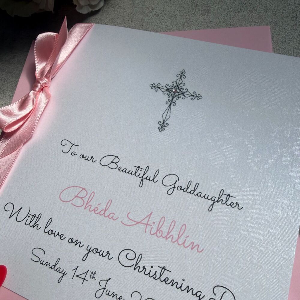 Chic Boutique Range Christening / Baptism Card  - white broderie with ribbon detail
