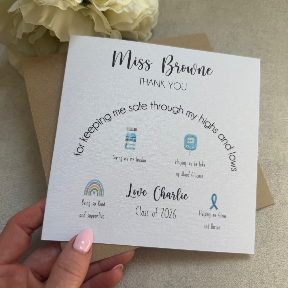 Personalised Thank You Teacher Card from a Student with Diabetes