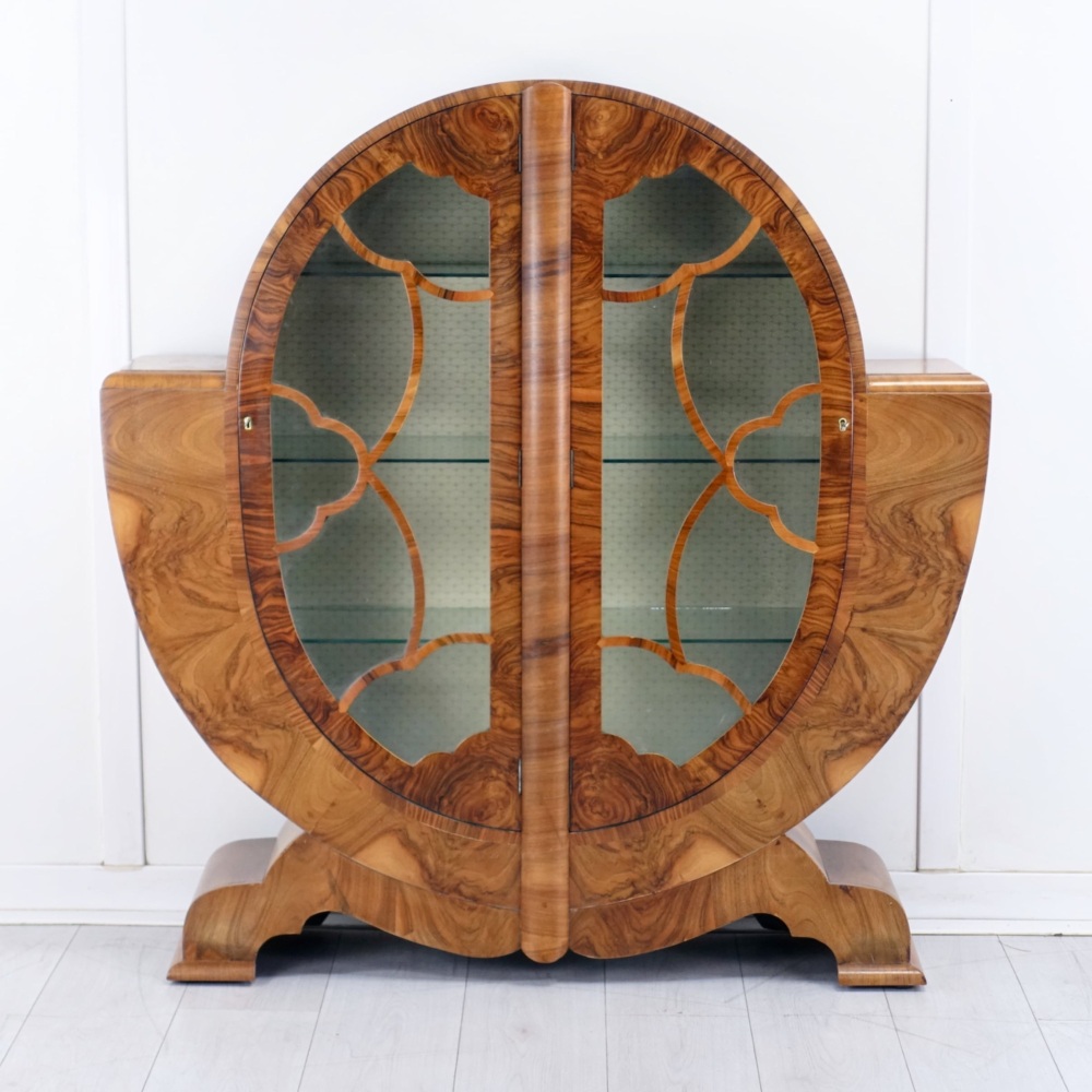 Art Deco Figured Walnut Oval Display Cabinet — English Circa 1930