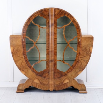 Art Deco Figured Walnut Oval Display Cabinet &mdash; English Circa 1930