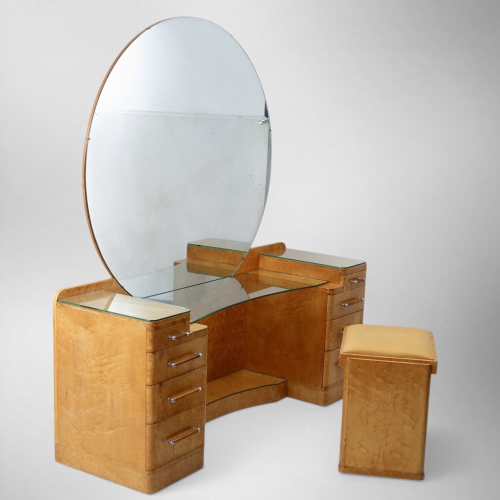 Art Deco Bird’s Eye Maple Dressing Table & Stool with Circular Mirror — Eng