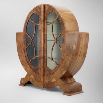 Art Deco Figured Walnut Oval Display Cabinet &mdash; English Circa 1930 RESERVED.