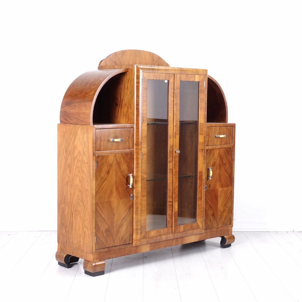 Art Deco Figured Walnut Display Cabinet / Bookcase Cabinet c1930