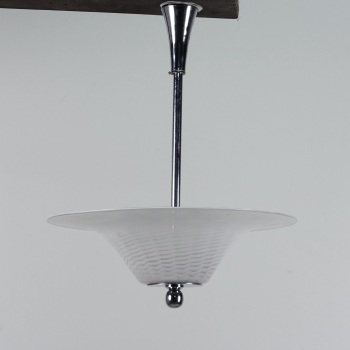 Art Deco Whitefriars &ldquo;Cloudy White Glass&rdquo; Chrome Pendant Light