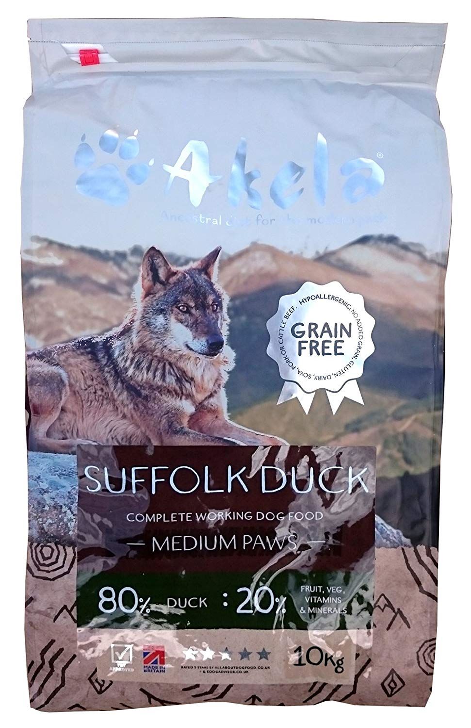 Akela 80:20 Suffolk Duck Grain Free 10kg Mediium Paws