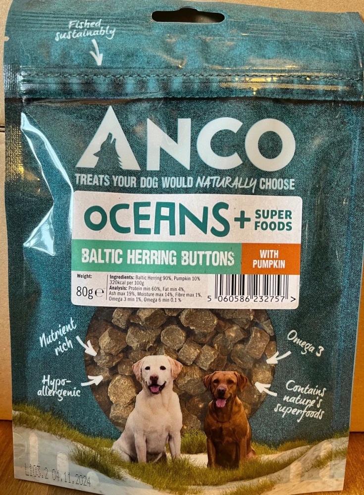 Anco Oceans + Baltic Herring Buttons with Pumpkin - 80g pack