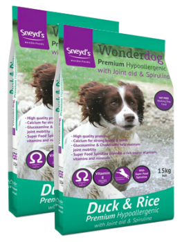 2 x 15kg Sneyds Wonderdog Premium Hypoallergenic Duck & Rice