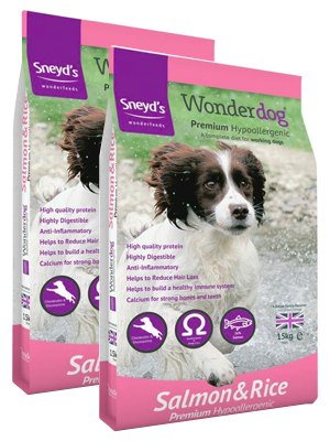 2 x 15kg Sneyds Wonderdog Premium Hypoallergenic Salmon & Rice