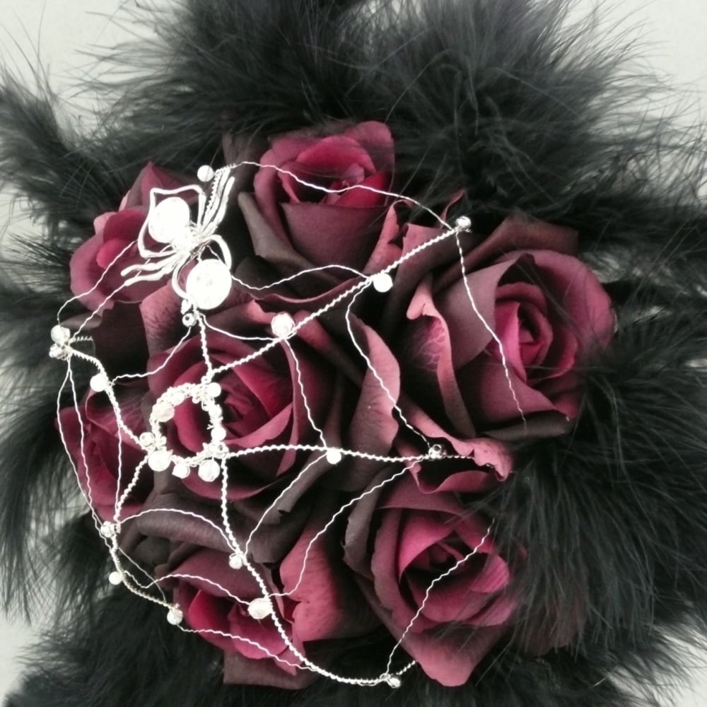 Red Silk Rose Flower Silver Wired Spider Gothic Hand-Tied Bridal Bouquet
