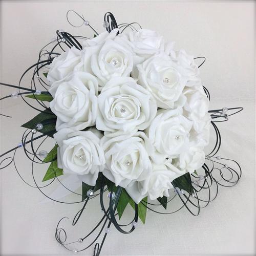 White Roses Crystal Pearled Beargrass Hand-Tied Bridal Bouquet 