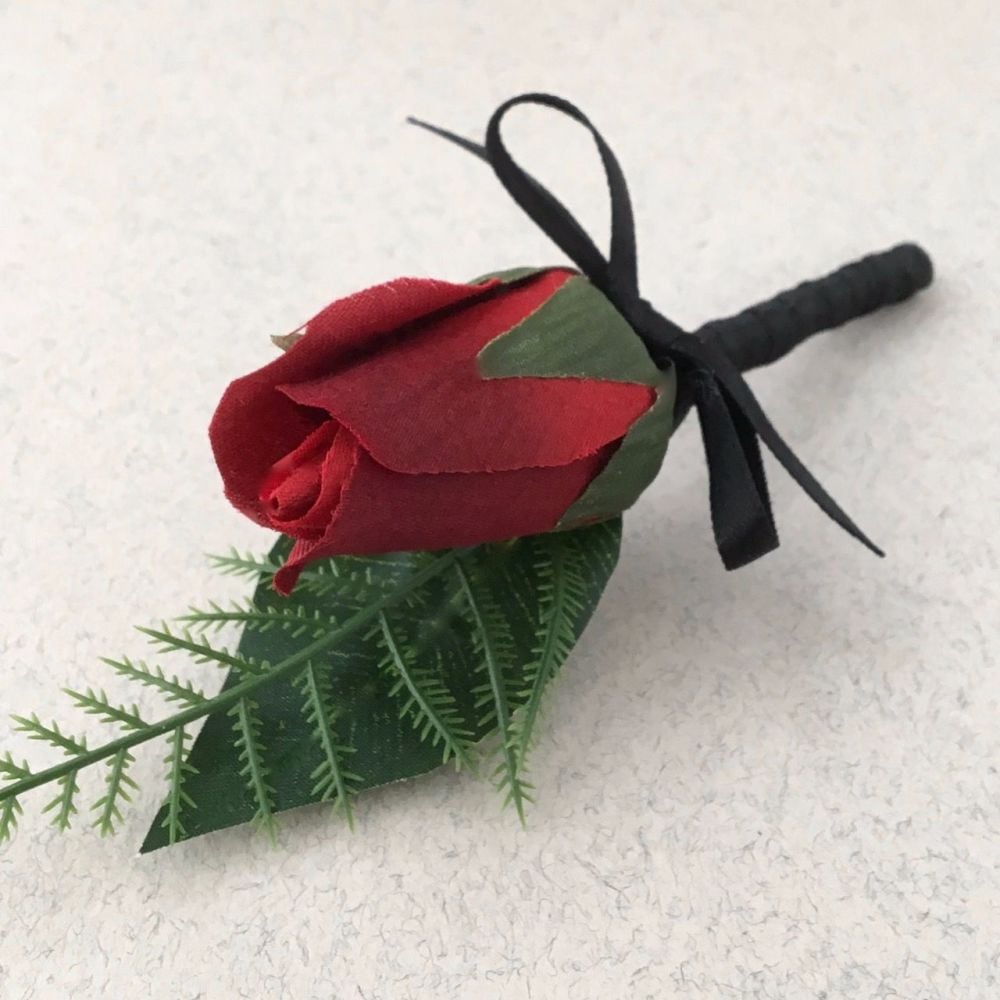 Red Silk Bud Rose Black Satin Wedding Buttonhole