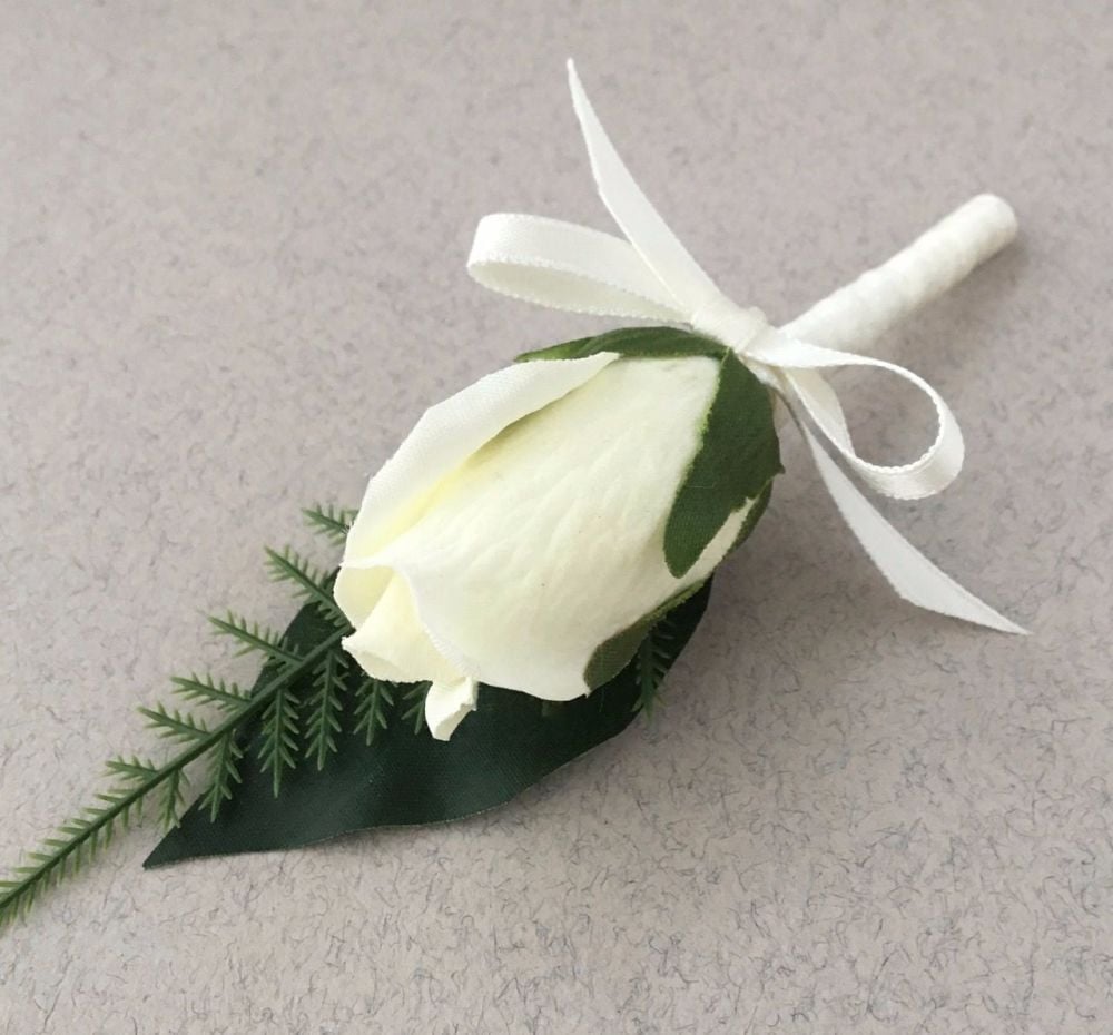 Silk ivory Bud Rose Satin Bound Stem Wedding Buttonhole