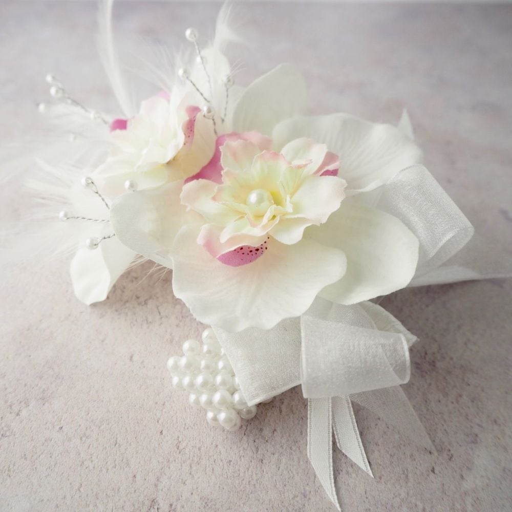 White Orchid Artificial Silk Flower Feathers Pink Blossom Pearled Band Wrist Corsage