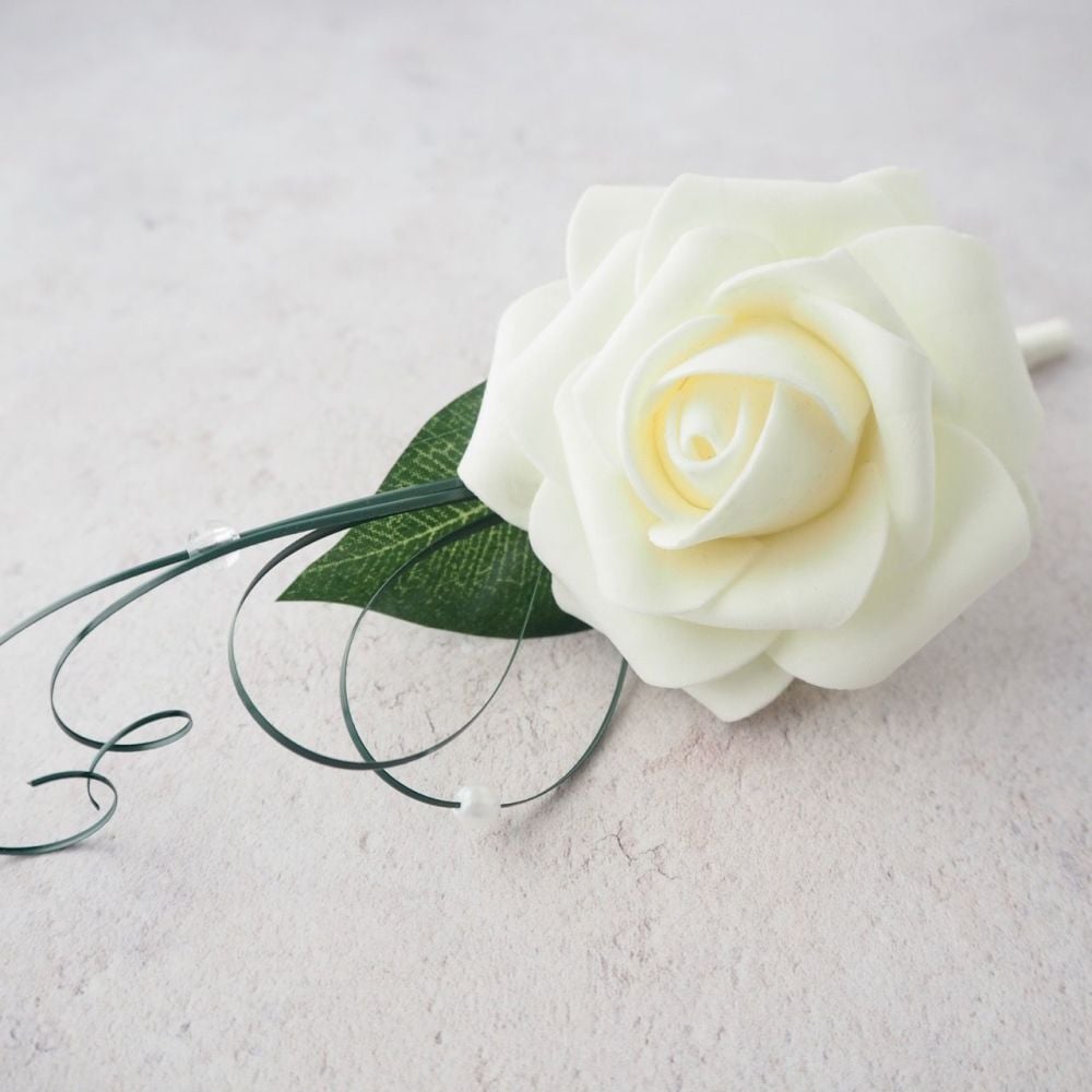 Ivory Open foam Rose Beaded Beargrass Wedding Buttonhole