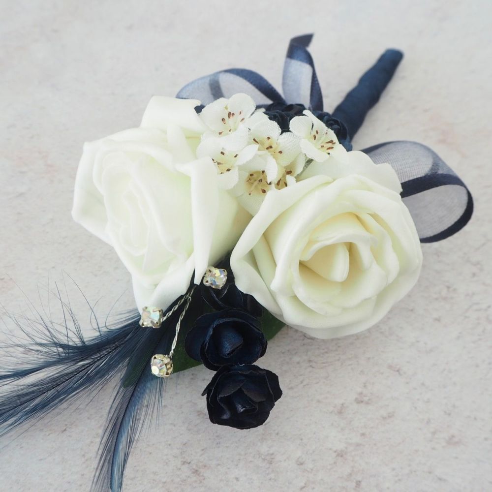 Ivory foam Roses Navy Feather Silver Diamante Wedding Corsage