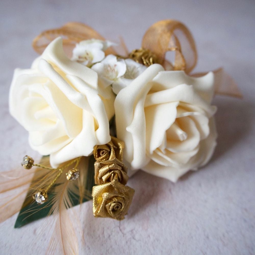 Cream Foam Roses Gold Feathers Gold Diamante Wedding Corsage